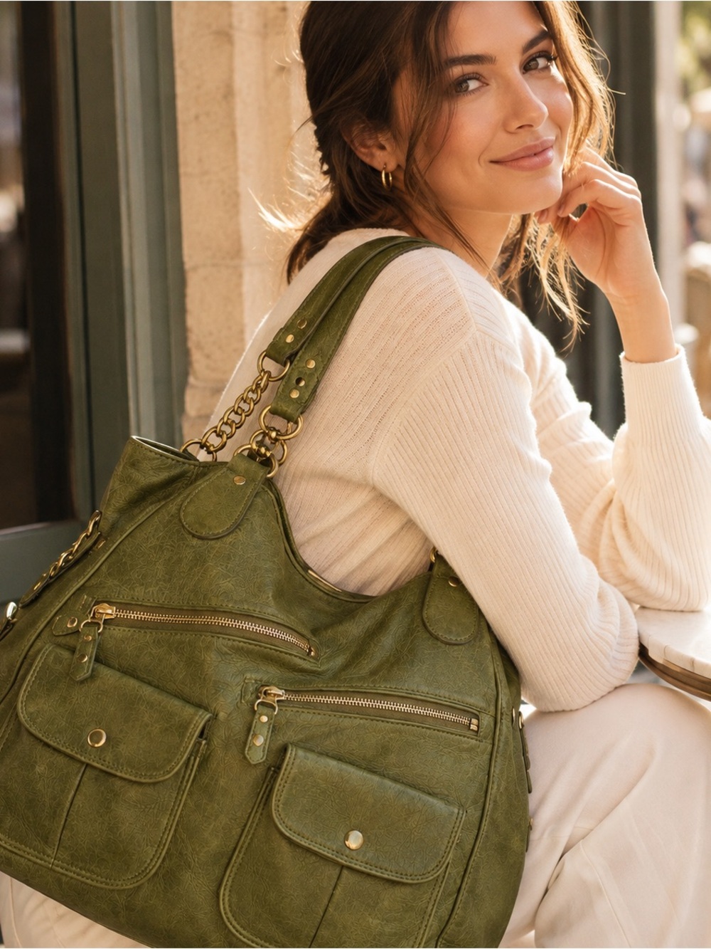 Arlo Olive Green Leather Shoulder Bag Gold Chain Strap Slouchy Hobo Luxe
